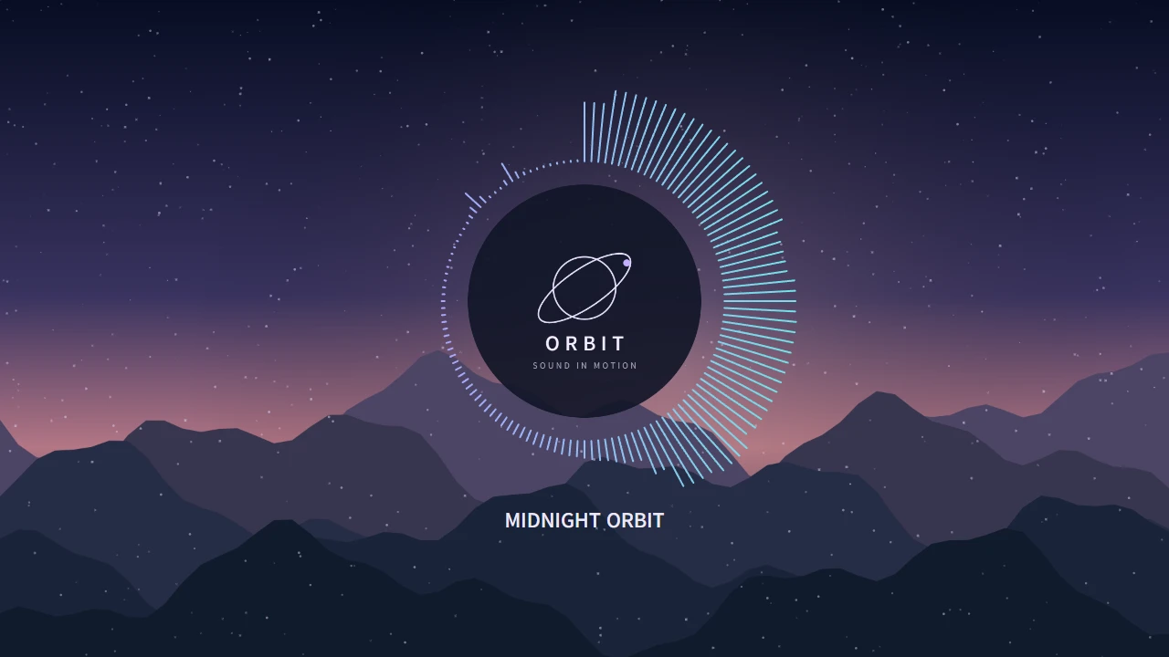 An ORBIT music visualizer scene with a lavender circular spectrum above a twilight mountain landscape